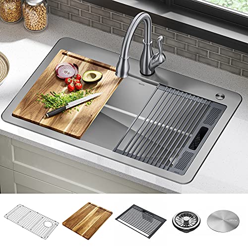 DELTA 95A932-33S-SS Lorelai Workstation Kitchen Sink Drop-in Top Mount Stainless Steel Single Bowl with WorkFlow Ledge and Chef’s Kit of 5 Accessories DELTA 95A932-33S-SS Lorelai Workstation Kitchen Sink Drop-in Top Mount Stainless Steel Single Bowl with WorkFlow Ledge and Chef’s Kit of 5 Accessories