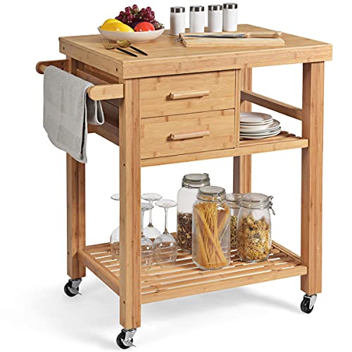 PETSITE Bamboo Kitchen Island Cart, Butcher Block Table on Wheels with Drawers, Shelves, Towel Rack
