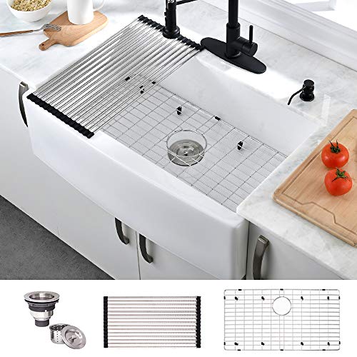 Hovheir 33 Inch Fireclay Farmhouse Kitchen Sink Handcrafted Apron Front Sink Single Bowl Farm Sink White Farmers Sink Extra Deep Wide Curved Front Rustic Modern Sink