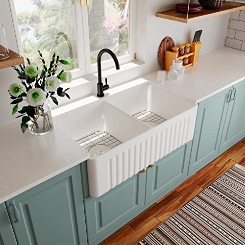 Double Bowl Kitchen Sinks,DeerValley DV-1K028 33" L x 18" W White Farmhouse Ceramic Kitchen Sink,Reversible Double Bowl Farmhouse Sink with Apron Front Porcelain Ceramic Kitchen Sinks