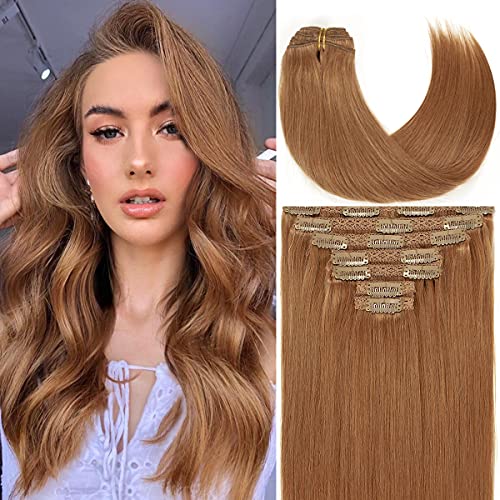 Caliee Hair Extensions Clip in Human Hair Auburn Double Weft Clip in Human Hair Extensions Thick ends Seamless Hair Extensions Clip in 18inch with 16 Clips