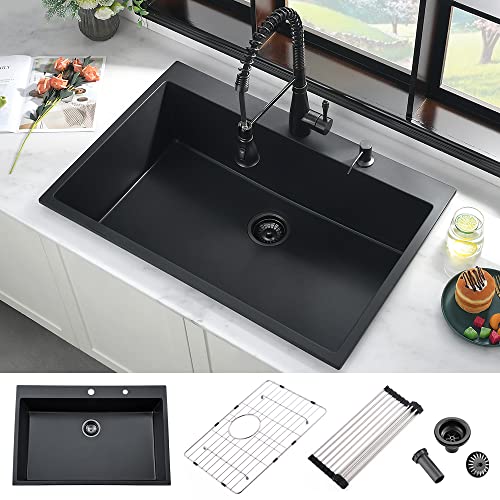 33 Inch Black Kitchen Sink Drop In-iAnomla 33x22 Black Quartz Composite Drop In Kitchen Sink Topmount Sink Matte Black Single Bowl Kitchen Sink 33 Inch Black Kitchen Sink Drop In-iAnomla 33x22 Black Quartz Composite Drop In Kitchen Sink Topmount Sink Matte Black Single Bowl Kitchen Sink