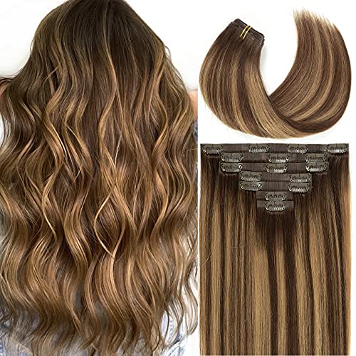 Loxxy Human Hair Extensions Seamless Clip in Hair Extensions 14inch Ombre Chocolate Brown to Caramel Blonde 110gram 7pcs Thick Remy Hair Extensions Full Head Natural Real Hair Clip in # R4-4/27