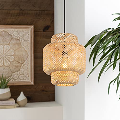 Contemporary Drum Pendant Lighting 11.5ft Cord, Plug in Bamboo Lantern Hanging Lamp Fixture with Wall Ceiling Mounted Holder Industrial Chandelier Lights for Living Room,Dinner Room(11.8x14in)-1 Pack