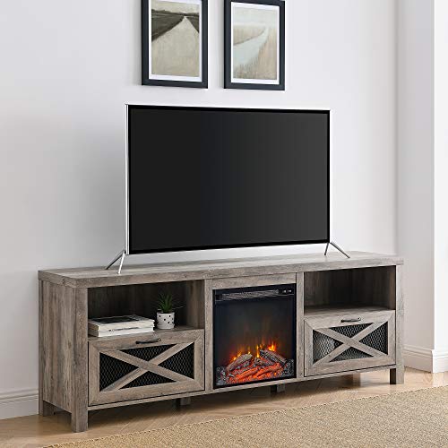Walker Edison Calgary Industrial Farmhouse X-Drawer Metal Mesh and Wood Fireplace TV Stand for TVs up to 80 Inches, 70 Inch, Grey Wash