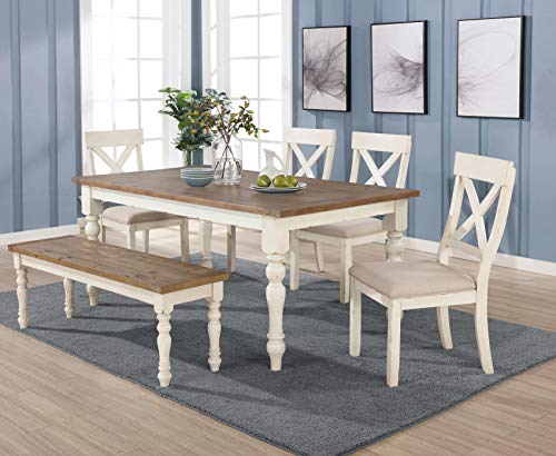 Roundhill Furniture Prato 6-Piece Dining Table Set with Cross Back Chairs and Bench, Antique White Roundhill Furniture Prato 6-Piece Dining Table Set with Cross Back Chairs and Bench, Antique White