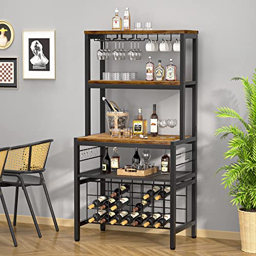 Unikito Wine Rack Table, Modern Freestanding Floor Liquor Bar Table Cabinet with Glass Rack Bottle Shelf, Industrial Wine Bar Cabinet with Storage and Hook for Home Kitchen Dining Room, Rustic Brown