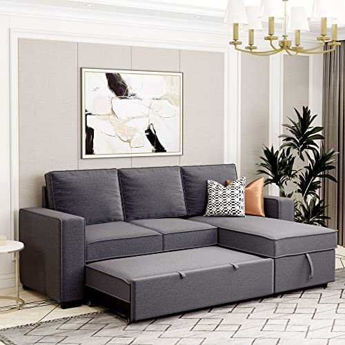 MOEO 91" Reversible Sleeper Sectional Sofa with Pull Out Bed, L-Shape Couch with Storage and Chaise, Save Space for Living Room, Grey, Gray MOEO 91" Reversible Sleeper Sectional Sofa with Pull Out Bed, L-Shape Couch with Storage and Chaise, Save Space for Living Room, Grey, Gray