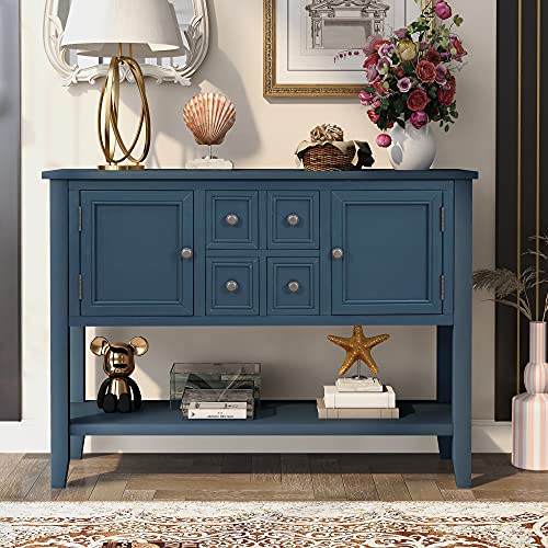 Vintage Console Table, Solid Wood Buffet Sideboard Table with 4 Drawers/2 Cabinet/Bottom Shelf, Entryway Sofa Table for Living Room/Bedroom/Kitchen (Antique Navy -V)