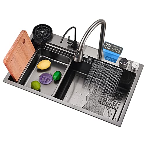 Black Nano Kitchen Sink 304 Stainless Steel Waterfall Sink Single Bowl Workstation Kitchen Sink With Multifunctional Digital Display Fly Rain Pull-Out Faucet And Sink Accessories（31.5x18x8.7 Inch）