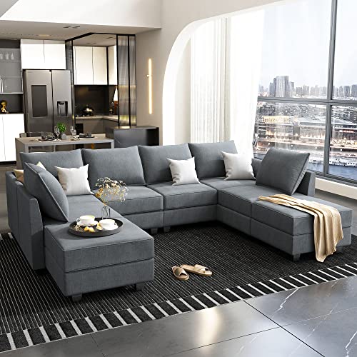 HONBAY Sectional Modular Sleeper Sofa U Shaped Sectional Sofa with Wide Chaise 112'' Modular Sofa Couch with Storage Seat, Bluish Grey HONBAY Sectional Modular Sleeper Sofa U Shaped Sectional Sofa with Wide Chaise 112'' Modular Sofa Couch with Storage Seat, Bluish Grey