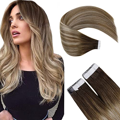 LAAVOO Balayage Remy Tape in Hair Extensions Dark Brown Fading to Light Brown Mix Light Blonde Ombre Tape in Hair Extensions Real Human Hair Skin Weft 50g 20pcs 16 inch