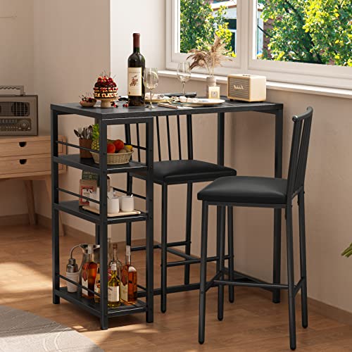 Gizoon Bar Table and Chairs Set for 2 with 3 Storage Shelves, Kitchen Counter Height Dining Table Set with Pu Cushion Chairs & Thick Wood Top for Breakfast, 3-Piece Modern Pub Table Set - Black
