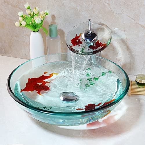 Bathroom Art Hand Painting Gold Fish Glass Basin Vanity Vessel Sink Bowl Tap+Waterfall Faucet kit,bathroom sink vanity Bathroom Art Hand Painting Gold Fish Glass Basin Vanity Vessel Sink Bowl Tap+Waterfall Faucet kit,bathroom sink vanity