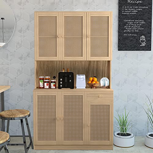 Wirrtory 71” Rattan Freestanding Kitchen Pantry Storage Cabinet, Buffet Cupboards Sideboard Modern Hutch Cabinet with 6 Doors & Drawer for Kitchen Living Room,Walnut