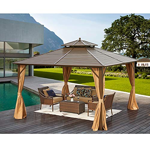 MELLCOM 12' x 12' Hardtop Gazebo, Galvanized Steel Metal Double Roof Aluminum Gazebo with Curtains and Netting, Brown Permanent Pavilion Gazebo with Aluminum Frame for Patios, Gardens, Lawns MELLCOM 12' x 12' Hardtop Gazebo, Galvanized Steel Metal Double Roof Aluminum Gazebo with Curtains and Netting, Brown Permanent Pavilion Gazebo with Aluminum Frame for Patios, Gardens, Lawns