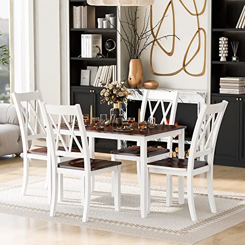 Merax Dining Table Set for 4, Kitchen Table Sets, Wood Dining Table and Chairs Set Dining Room Table Set for Small Spaces (Cherry+White, Rectangle Dining Set)