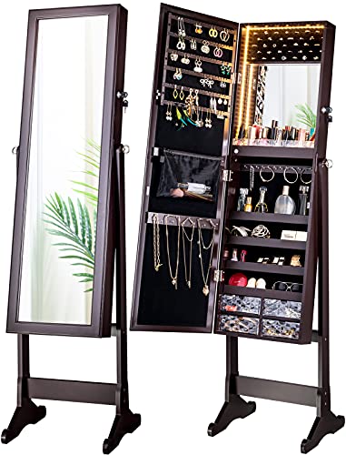 LUXFURNI LED Light Jewelry Cabinet Armoire, Standing Mirror Makeup Lockable Large Storage Organizer w/Drawers (Brown) LUXFURNI LED Light Jewelry Cabinet Armoire, Standing Mirror Makeup Lockable Large Storage Organizer w/Drawers (Brown)