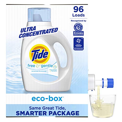 Tide Free and Gentle Eco-Box Laundry Detergent Liquid Soap, Ultra Concentrated HE, 96 Loads - Unscented and Hypoallergenic for Sensitive Skin, Free and Clear of Dyes and Perfumes