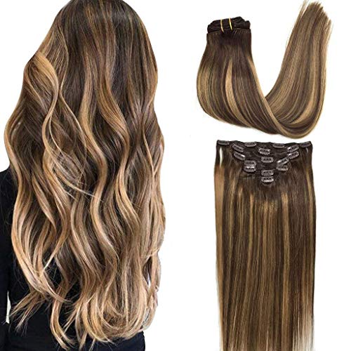 GOO GOO Clip-in Hair Extensions for Women, Soft & Natural, Handmade Real Human Hair Extensions, Chocolate Brown to Caramel Blonde, Long, Straight #(4/27)/4, 7pcs 120g 24 inches