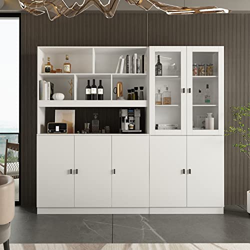 ECACAD Modern Wood Sideboard Buffet Storage Cabinet with Hutch, Glass Doors & Adjustable Shelves, Kitchen Pantry Cupboard Console Table with Open Cubes for Living Room, Dining Room, White