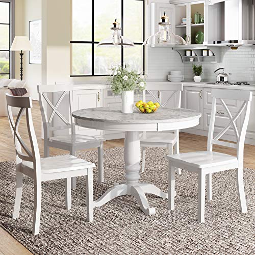 5 Piece Round Dining Table Set, Marble Kitchen Table Sets Dinette Set for 4, 1 Marble Veneer Round Kitchen Table and 4 Chairs for Small Space (White)