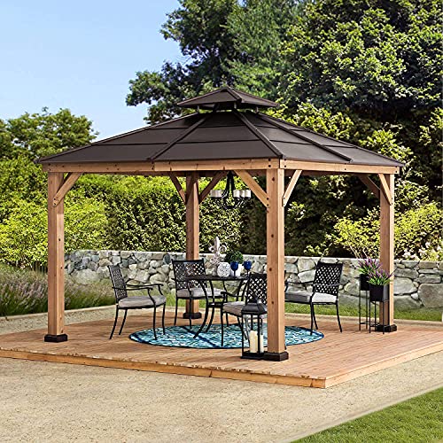 Sunjoy A102008500 Chapman 10x10 ft. Cedar Framed Gazebo with Steel 2-tier Hip Roof Hardtop, Brown