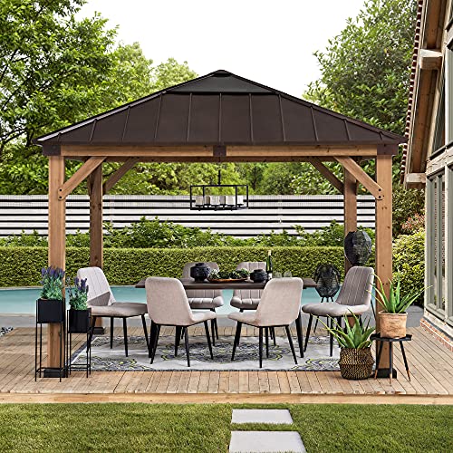 Sunjoy Amari Outdoor Patio 11 ft. x 11 ft. Cedar Framed Wood Gazebo with Brown Steel and Polycarbonate Hip Roof Hardtop