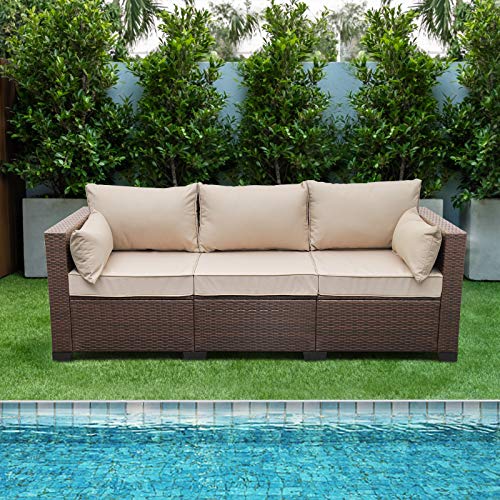 Patio PE Wicker Couch - 3-Seat Outdoor Brown Rattan Sofa Seating Furniture with Non-Slip Beige Cushion