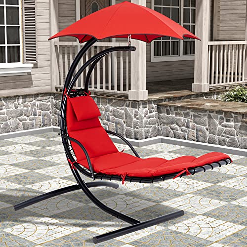 Fundouns Outdoor Hanging Lounge Chair with Stand, Patio Curved Steel Chaise Swing with Removable Olefin Canopy and Cushion,Red Fundouns Outdoor Hanging Lounge Chair with Stand, Patio Curved Steel Chaise Swing with Removable Olefin Canopy and Cushion,Red