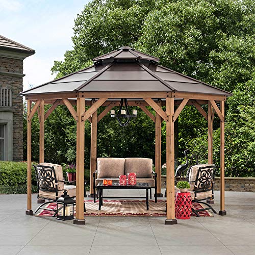 Sunjoy Ion Collection 13 x 13 ft. Cedar Framed Octagon Wood Gazebo with Brown Double Tiered Steel Hardtop Roof and Ceiling Hook for Garden, Backyard Shade