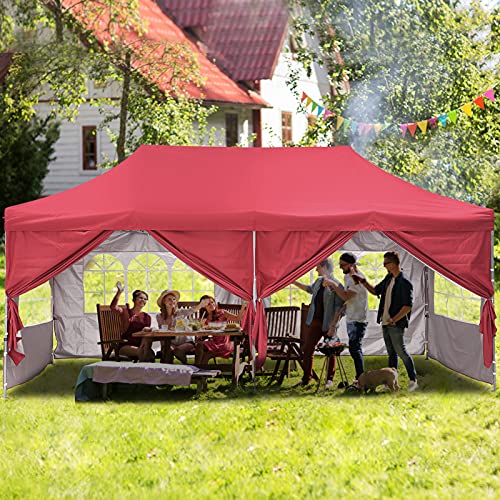 LEISURELIFE Outdoor Pop Up 10'x20' Canopy Tent with Sidewall - Folding Commercial Gazebo Party Tent Blue Red White with Wheeled Carry Bag (6 Sidewalls, Red)