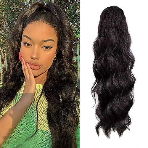 KETHBE 24 Inch Long Body Wave Ponytail hair Extension Synthetic Heat Resistant Wrap Around Drawstring Curly Wavy Ponytail Hairpieces for Women(Natural Black)