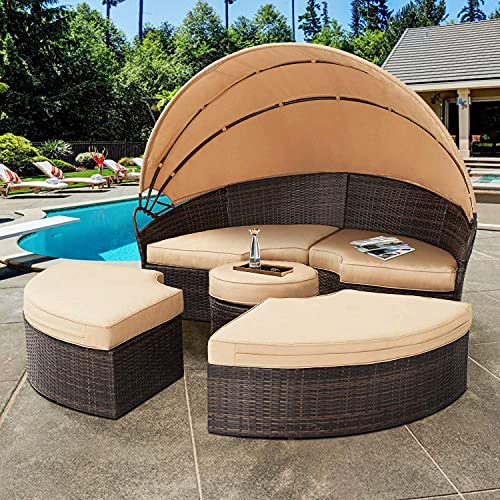 SOLAURA Outdoor Round Daybed, Patio Daybed with Retractable Canopy and Brown Wicker Patio Sectional Sofa, Seating Separates Cushioned Seats (4 Light Brown Pillow)