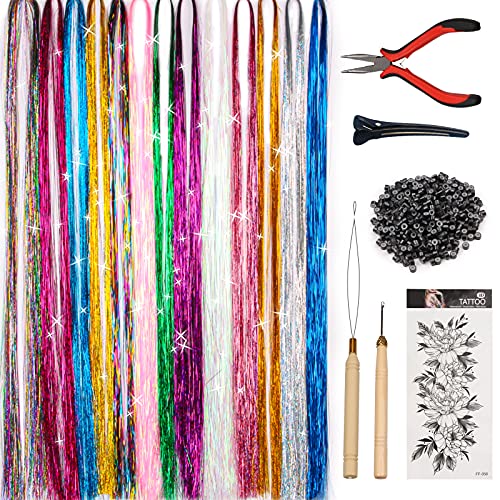 SYGY Hair Tinsel Kit, 13 Colors Tinsel Hair Extensions for Women Girls, Fairy Hair Tinsel Heat Resistant Glitter Sparkling Shiny Colorful Synthetic Hair 2400 Strands 40 Inches for Halloween Cosplay Christmas New Year Party