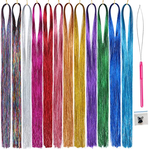 UPTOUP 46 inch Hair Tinsel with Tools 12 Colors 2000 Strands Hair Tinsel Kit Glitter Hair Extensions Sparkling Shiny Hair Extensions Silk Fairy Hair Tinsel Strands Kit Hair (46 inch, 12 colors)