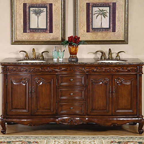 Silkroad Exclusive HYP-8034-BB-UIC-72 Baltic Brown Granite Top Double Sink Bathroom Vanity with Cabinet, 72", Medium Wood